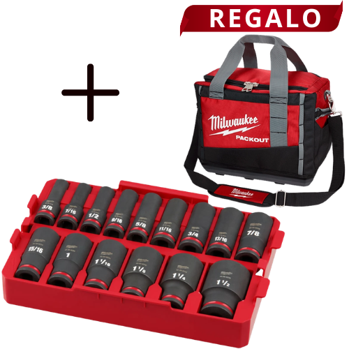 Juego de Dados de Impacto SHOCKWAVE de 1/2in 15pzs 49666817 +  Regalo Maleta de Herramientas PACKOUT de 15in 48228321 Milwaukee