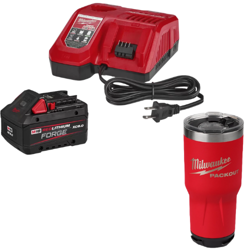 Kit Básico de Cargador y Batería M18 REDLITHIUM OUTPUT XC8.0 48591881 + Regalo Vaso Térmico PACKOUT de 30oz 48828393R Milwaukee