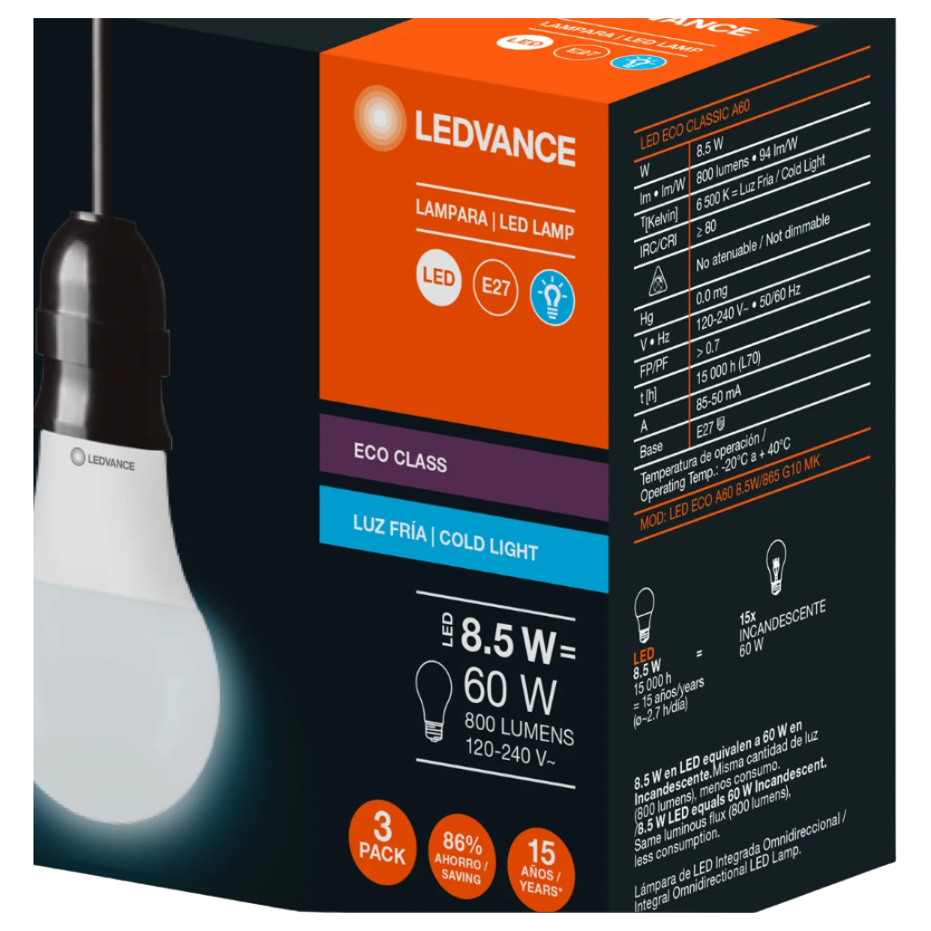 Focos Led A19 E27 8.5W 6500K 120/240V 3pzs 80379 Osram