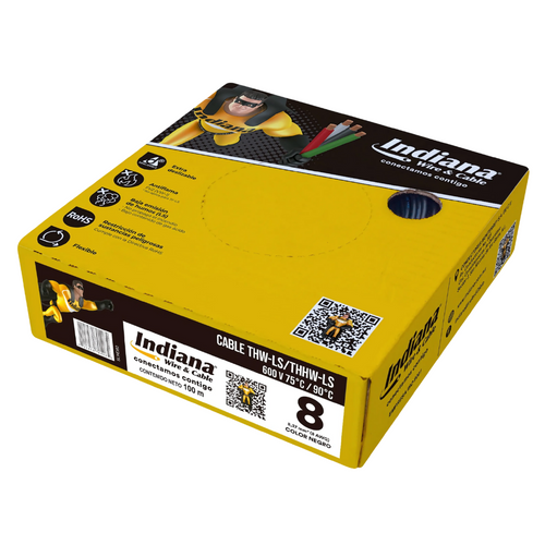 Cable Eléctrico THHW-LS Calibre 8 100% Cobre 600V 90°C Caja 100m Color Negro SLY296 Indiana