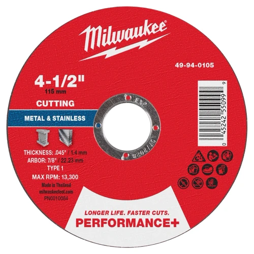 Disco de Corte para Metal Performance+ de 4-1/2in x .045in x 7/8in Tipo 1 10pzas 49940105 Milwaukee