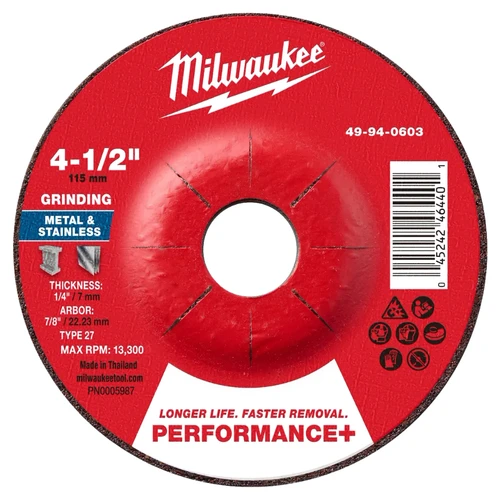 Disco de Desbaste para Metal Performance+ de 4-1/2in x 1/4in x 7/8in Tipo 27 49940603 Milwaukee