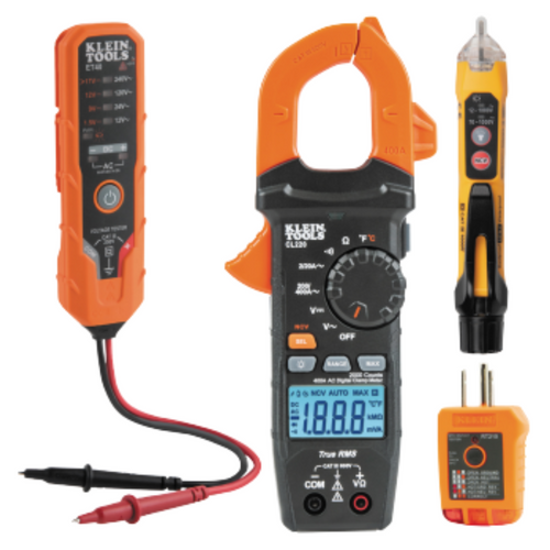 Kit de Prueba Multímetro de Gancho + Detector de Voltaje sin Contacto + Probador de Voltaje + Comprobador de Tomacorrientes CL220VP Klein Tools