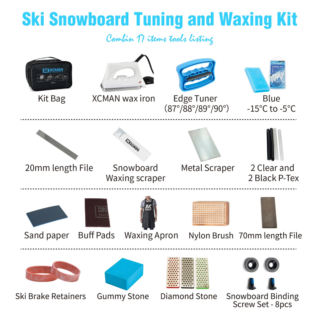 XCMAN Ski Snowboard Waxing & Tuning Complete Brush Kit - Nylon, Copper, Horsehair Brush Metal Schaber Wax Scraper and PTEX Flat File