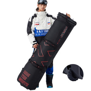 XCMAN Padded Snowboard Bag with Wheels in black color shown upright on a white background, highlighting its air travel readiness