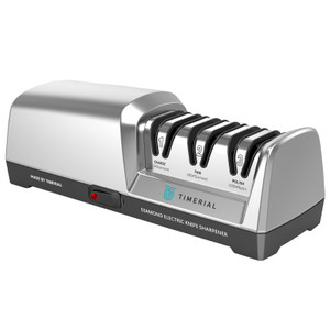 TIMERIAL Electric Knife Sharpener with 3-stage diamond grinding discs shown from a front-angled perspective in silver color