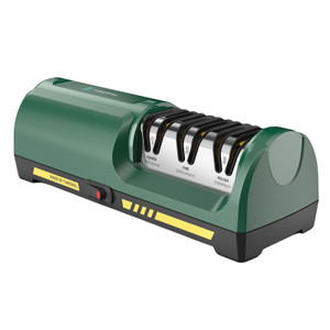 Electric Knife Sharpener for Kitchen with 3-stage diamond abrasive discs shown from a front-angled perspective on a white background