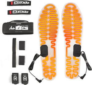 XCMAN Heated Insoles full kit including orange metal heating insoles, 3000mAh rechargeable batteries, straps, and charger on a white background