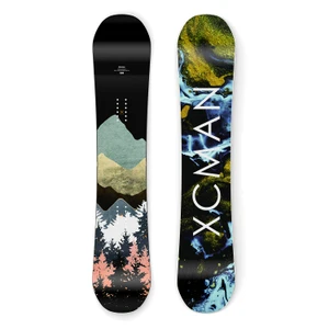 XCMAN Men's Monsoon Inkblot Beginner-Friendly Snowboard shown from both top and bottom views, featuring an artistic inkblot mountain topsheet graphic and vibrant base design