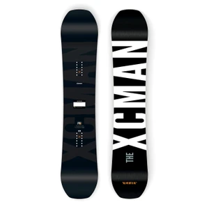 XCMAN Men's Monochrome Cosmos Freeride Snowboard shown from both top and bottom views, featuring a dark minimalist topsheet and a bold base design with large "THE XCMAN" branding