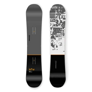 XCMAN Men's The Lost Era Freeride Snowboard shown from both top and bottom views, featuring a minimalist topsheet and a detailed graphic base design with white lettering