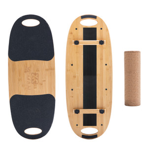 XCMAN bamboo balance board full set showcasing the top side with anti-slip PEVA grip, bottom view with adjustable stoppers, and the solid cork roller.