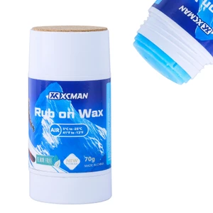 XCMAN Rub on Quick Wax for Ski and Snowboard (70g) shown upright with its cap off, featuring the blue and white container design with new formula and PFAS-free labeling