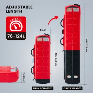 Adjustable length dimension graphic detailing the 76-124L capacity range and minimum to maximum length specifications for the hard ski case