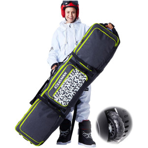 XCMAN Roller Snowboard Bag with Wheels showing 140L large capacity, adjustable length, and smooth-rolling PU wheels with protection ribs