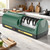 Product display of the green electric knife sharpener placed on a modern kitchen countertop with wooden cutting boards in the background