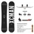 Detailed specification infographic for the XCMAN Black Saber snowboard, including terrain compatibility, directional twin shape, camber profile, and stiff flex rating