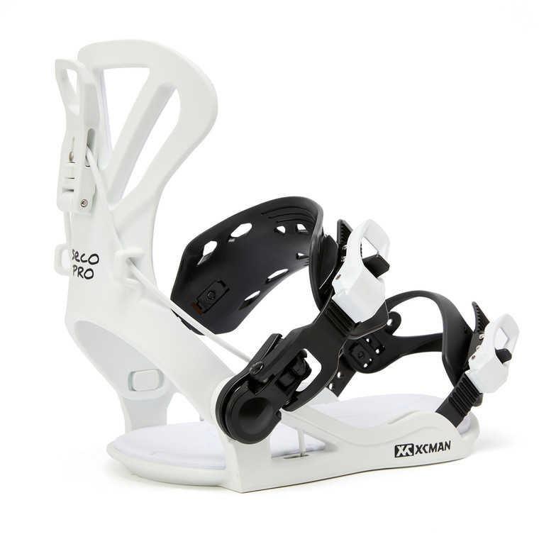 XCMAN 360 Seco Pro Snowboard Bindings in black and white shown from a clean side profile perspective