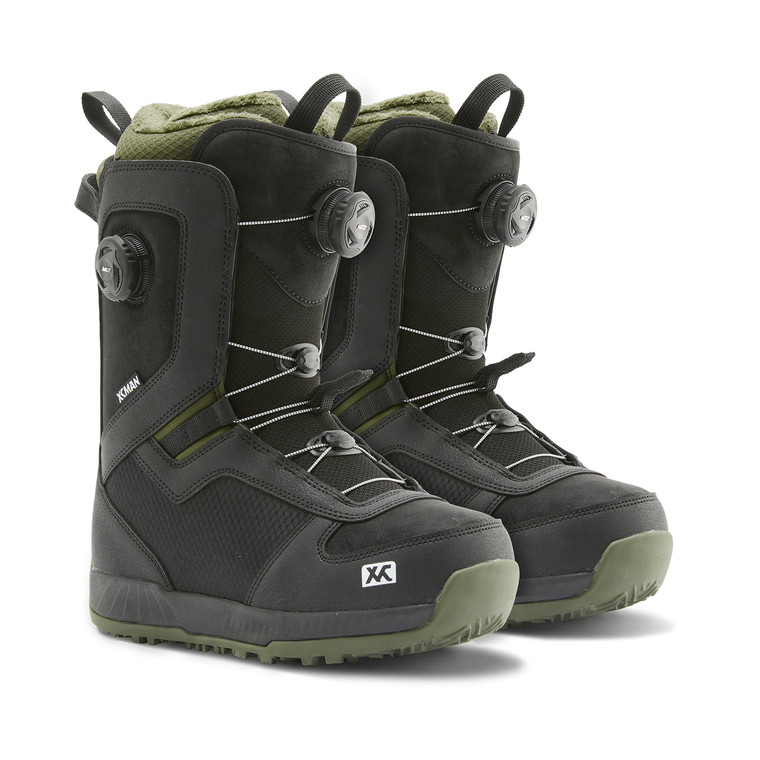 Pair of XCMAN NOX-I Snowboard Boots featuring dual-dial luring system and durable black and olive design