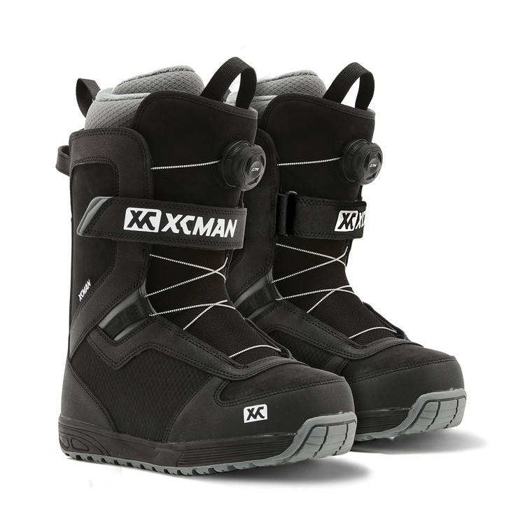 Pair of XCMAN NOX-II All-Mountain Snowboard Boots in black and grey featuring single dial luring system and ankle strap