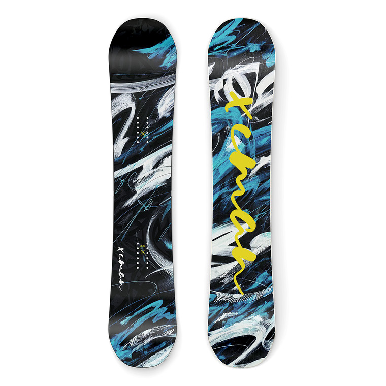 XCMAN Men's Snowstorm Night Beginner-Friendly Snowboard shown from both top and bottom views, featuring an abstract storm topsheet graphic and vibrant base design