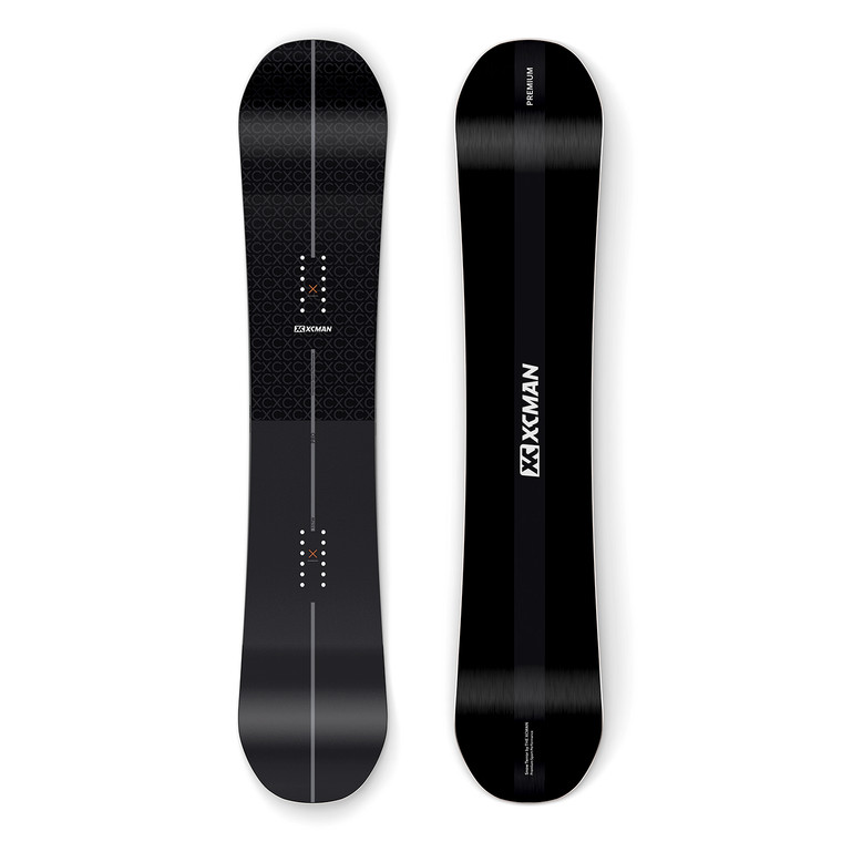 XCMAN Men's Quantum Fissure Snowboard shown from both top and bottom views, featuring a sleek matte black finish and clean minimal branding