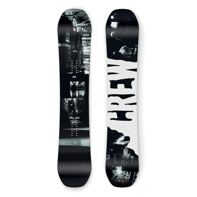 XCMAN Men's Burner Freeride Snowboard shown from both top and bottom views, featuring a sleek black topsheet and a bold base design with large white "CREW" branding