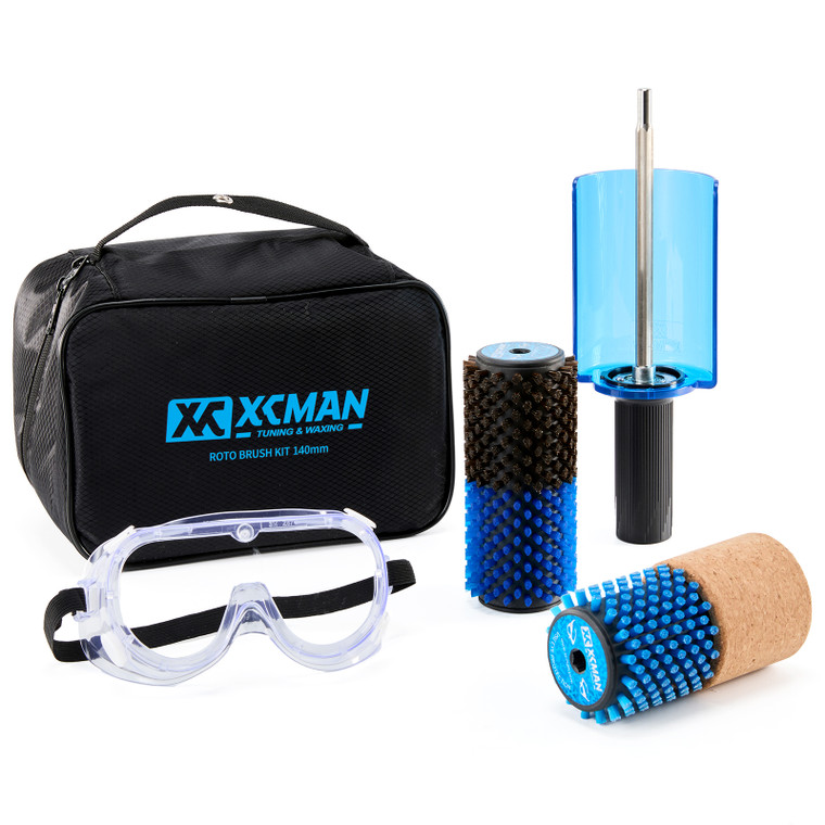 Complete XCMAN Combin Roto Brush Kit laid out with the carry bag, safety goggles, handle, safety shield, nylon-horsehair brush, and nylon-cork brush