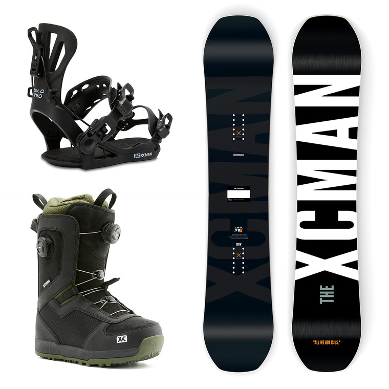 XCMAN Complete Men's Snowboard Package including the Monochrome Cosmos snowboard, 360 Seco Pro bindings, and Nox-I boots