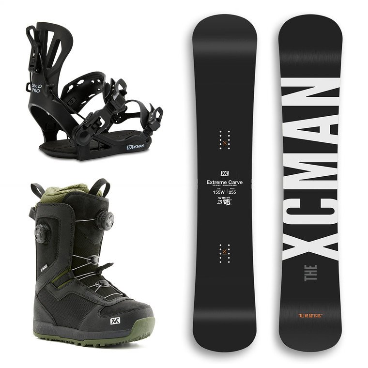 XCMAN Complete Men's Snowboard Package including the Black WFB snowboard, 360 Seco Pro bindings, and Nox-I boots displayed together