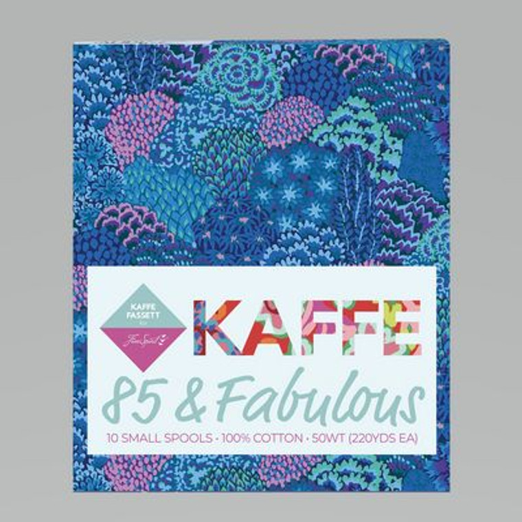 85 &Fabulous is a collection of 10 small spools of 50wt threads in all of Kaffe’s go-to hues