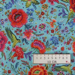 Odille Bailloeul, Organic Cotton, Parakeets and Peonies Azure per 1/2 yard, 18" x 55"