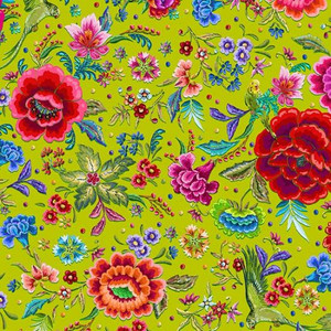 Odille Bailloeul, Organic Cotton, Parakeets and Peonies - Lime,  per 1/2 yard, 18" x 55"