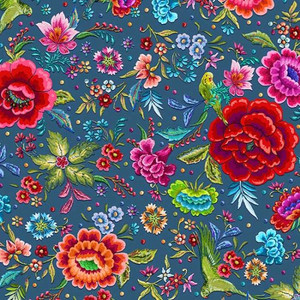 Odille Bailloeul, Organic Cotton, Parakeets and Peonies - Blue,  per 1/2 yard, 18" x 55"