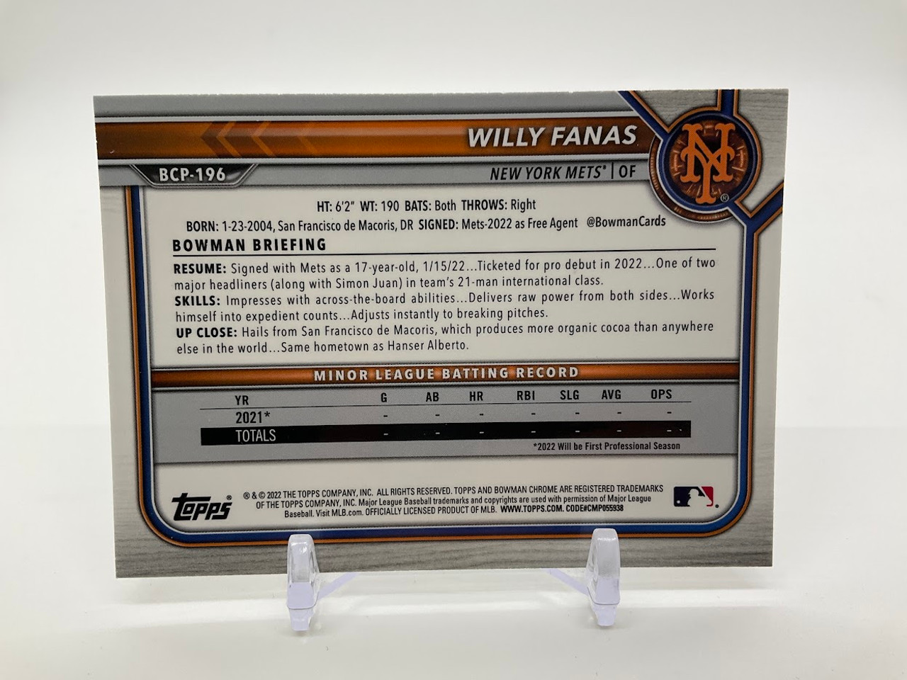 Willy Fanas 2022 Topps Bowman Prospects Silver Mojo Chrome #BCP-196 New York Mets