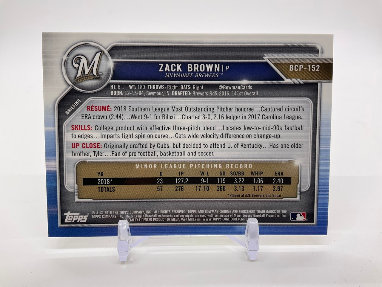Zack Brown 2019 Topps Bowman Gold Shimmer Chrome 45/50 #BCP-152 Milwaukee Brewers