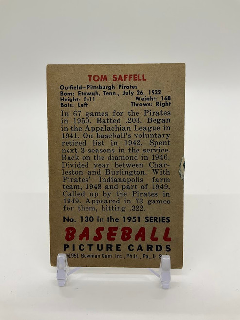 Tom Saffell 1951 Bowman Rookie Card #130 Pittsburgh Pirates VG