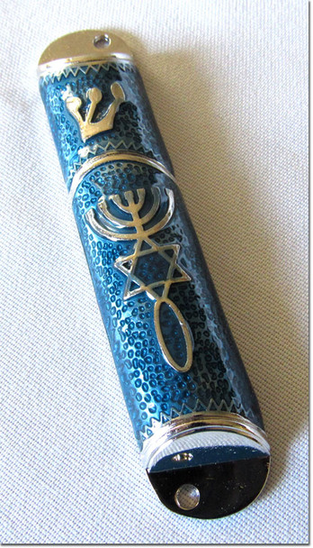 Messianic Seal Greenish Blue Enamel Metal Mezuzah