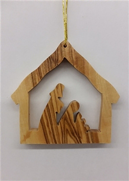 Olive Wood Stable With Nativity Ornament