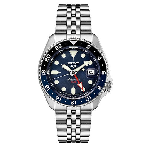 Mens Seiko 5 Sport SKX GMT Series Silver-Tone Watch Blue Dial