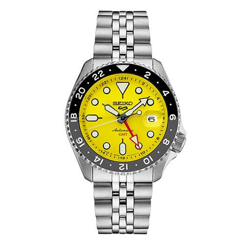 Men's Seiko 5 Sports SKX Automatic GMT Silver-Tone SS Watch  Yellow Dial