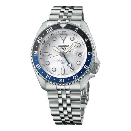 Men's Seiko 5 Sports SKX GMT Silver Stainless Steel Watch  Silver Dial