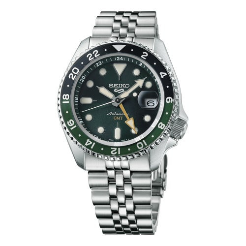 Men's Seiko 5 Sports SKX GMT Silver Stainless Steel Watch  Green Dial