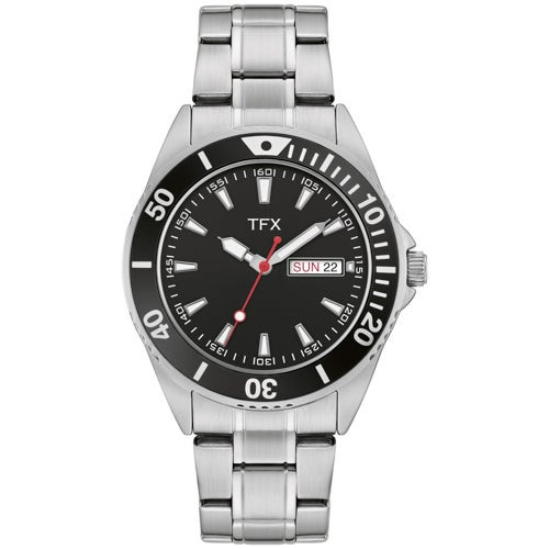 TFX Mens Silver-Tone Stainless Steel Watch Black Dial