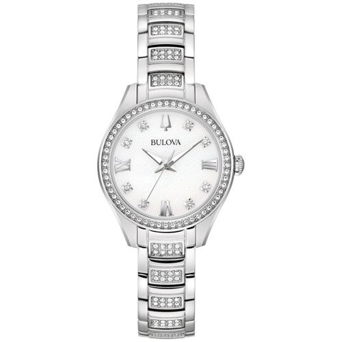 Ladies' Crystal Silver-Tone Stainless Steel Watch  Mother-of-Pearl Dial