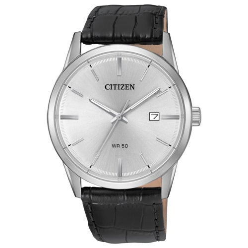 Men's Quartz Black Leather Strap Watch  White Dial