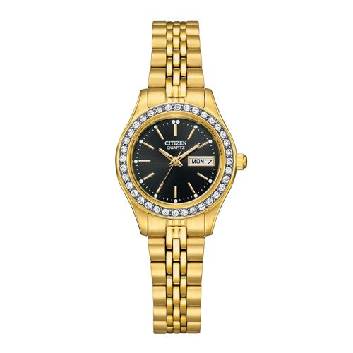 Ladies' Quartz Crystal Accent Gold-Tone Stainless Steel Watch  Black Dial
