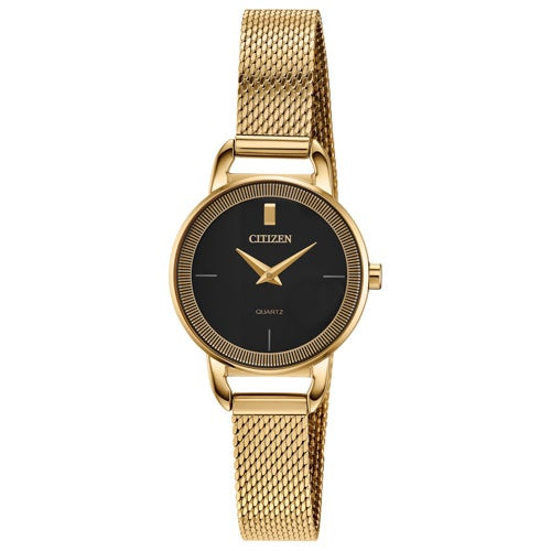 Ladies Quartz Gold-Tone Stainless Steel Mesh Watch Black Dial