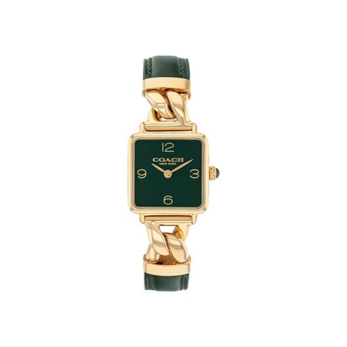 Ladies Cass Gold & Dark Green Leather Strap Square Watch Dark Green Dial
