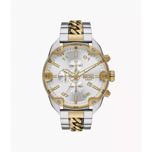Mens Spiked Chronograph Two-Tone Stainless Steel Watch Silver Dial